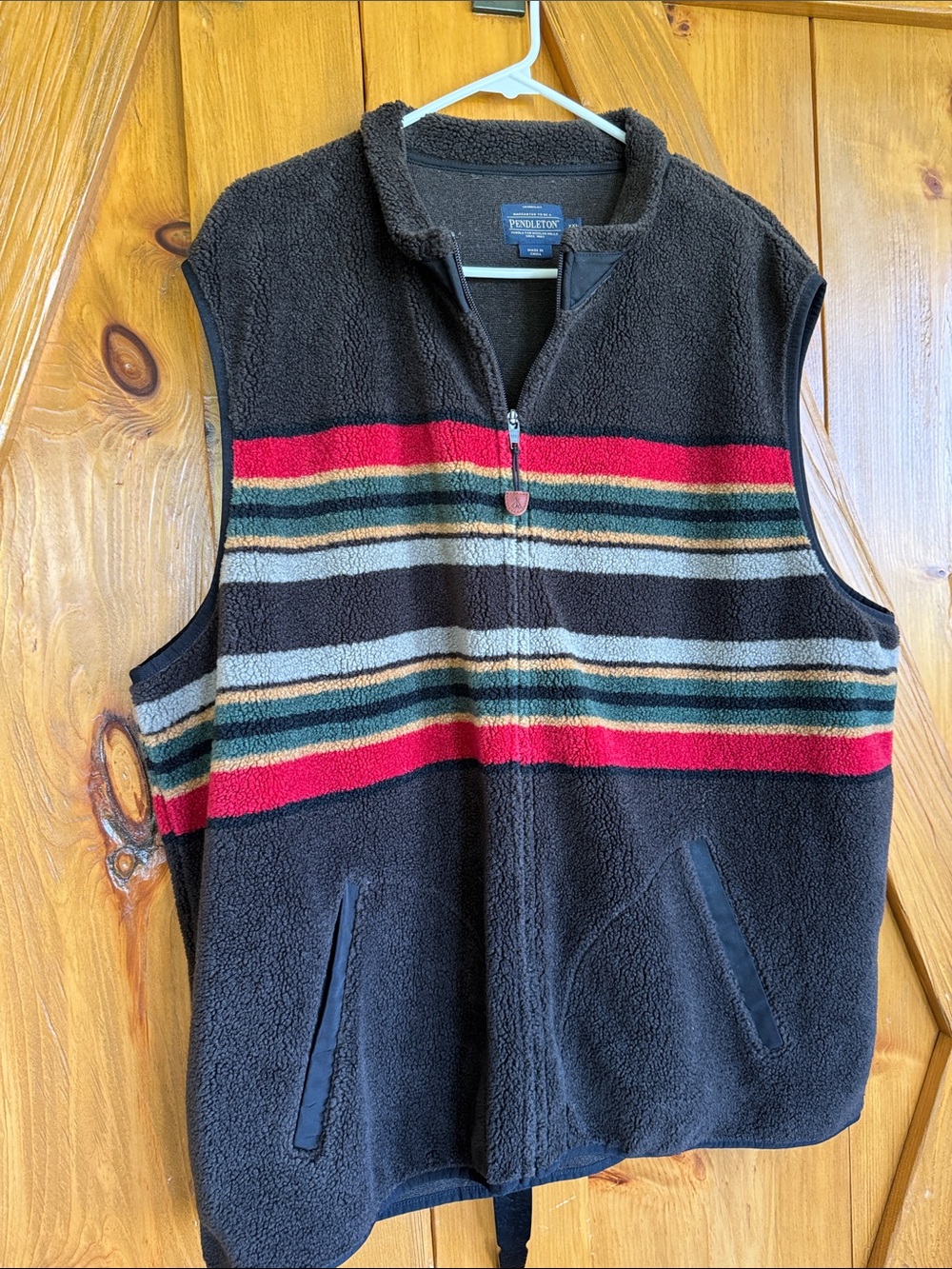 Pendleton Black Fleece Vest with Red and Green Stripe Bands